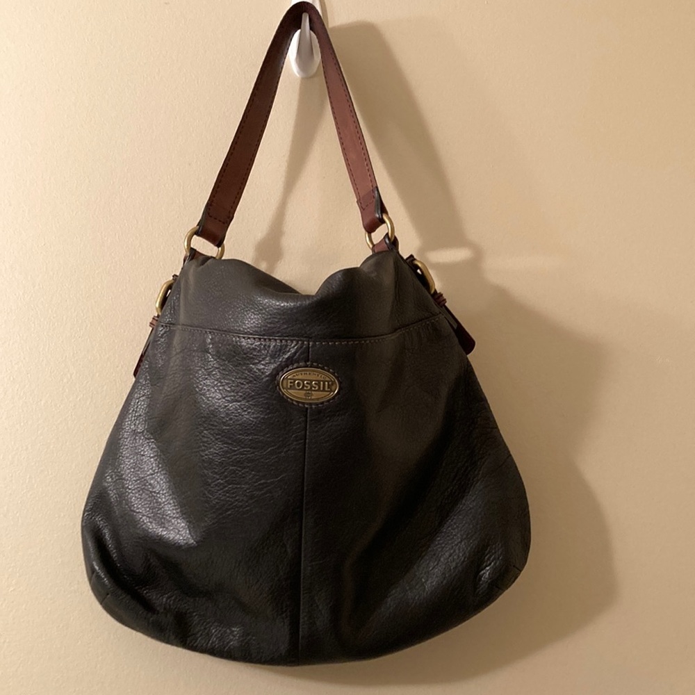 Fossil Black Leather Large Hobo Shoulder Bag Brass Hardware